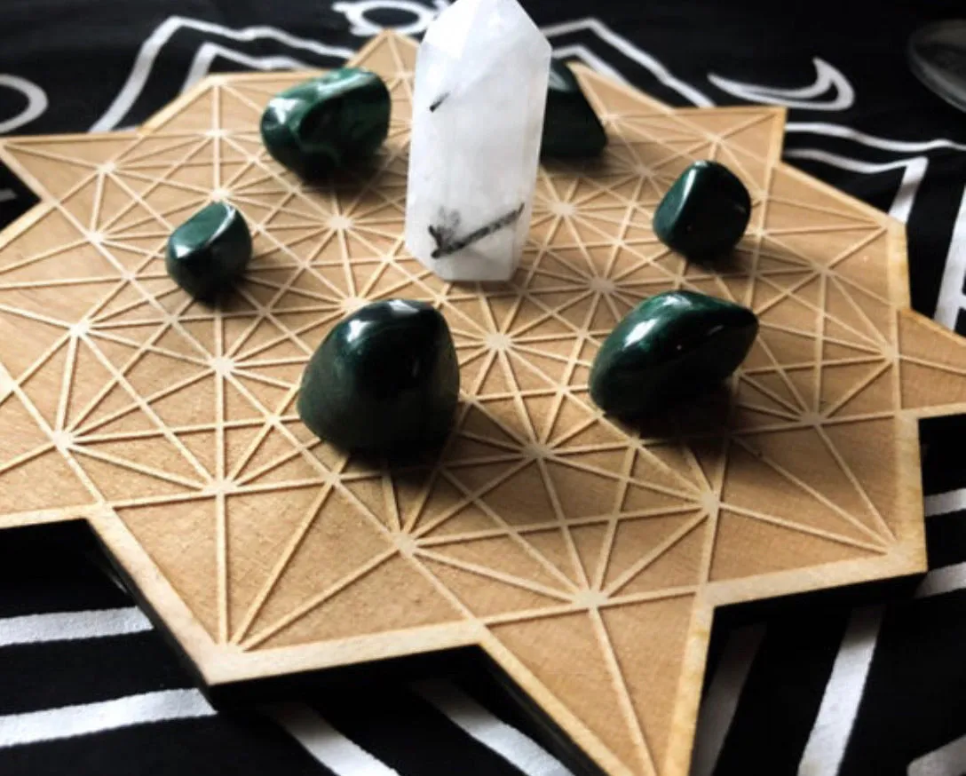 Star Tetrahedron Crystal Grid - Engraved Wooden Birch Altar Grid - Merkaba