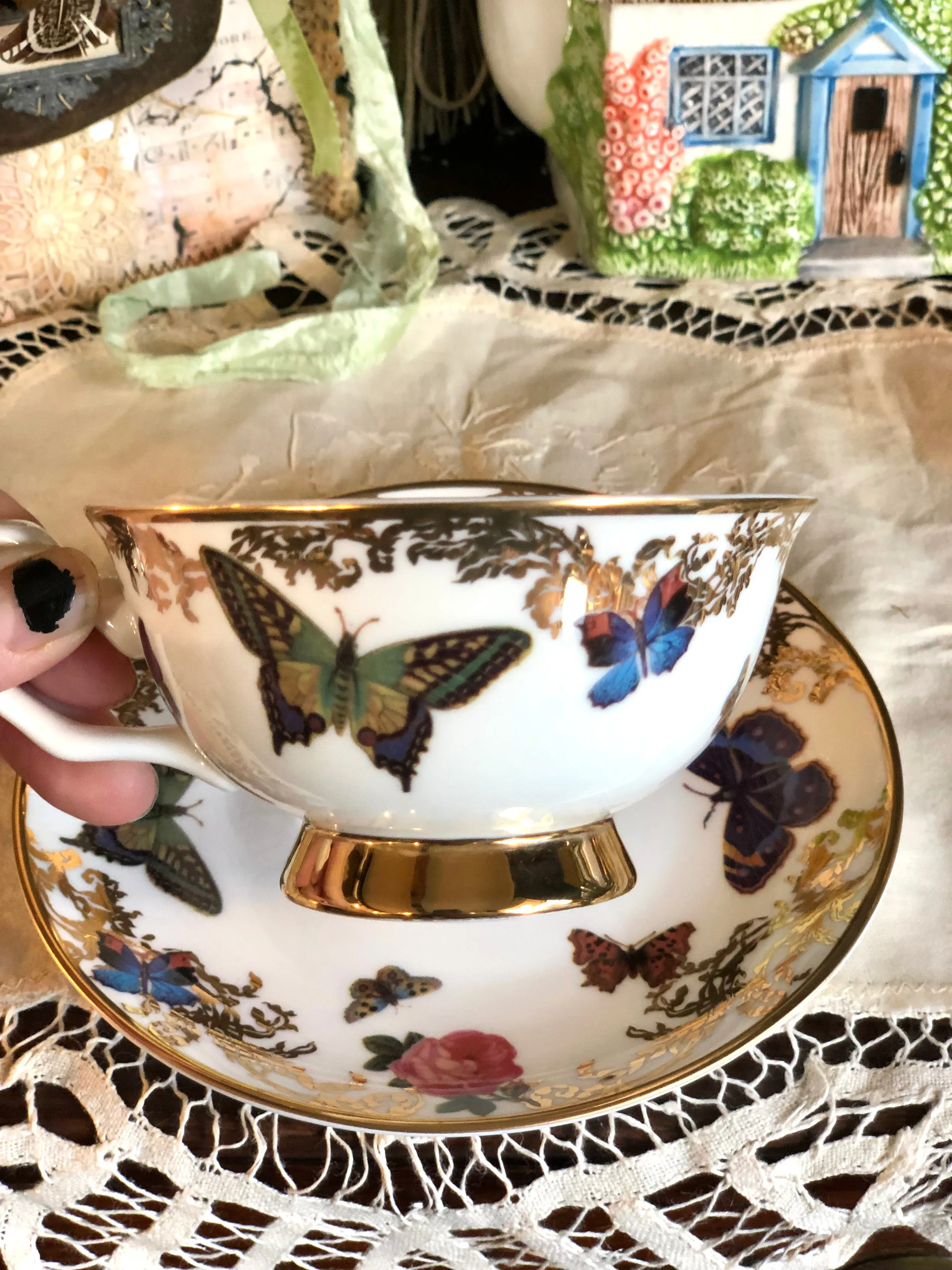 STOP TALKING - Butterflies - Fine China Curiosity Teacup & Saucer Set