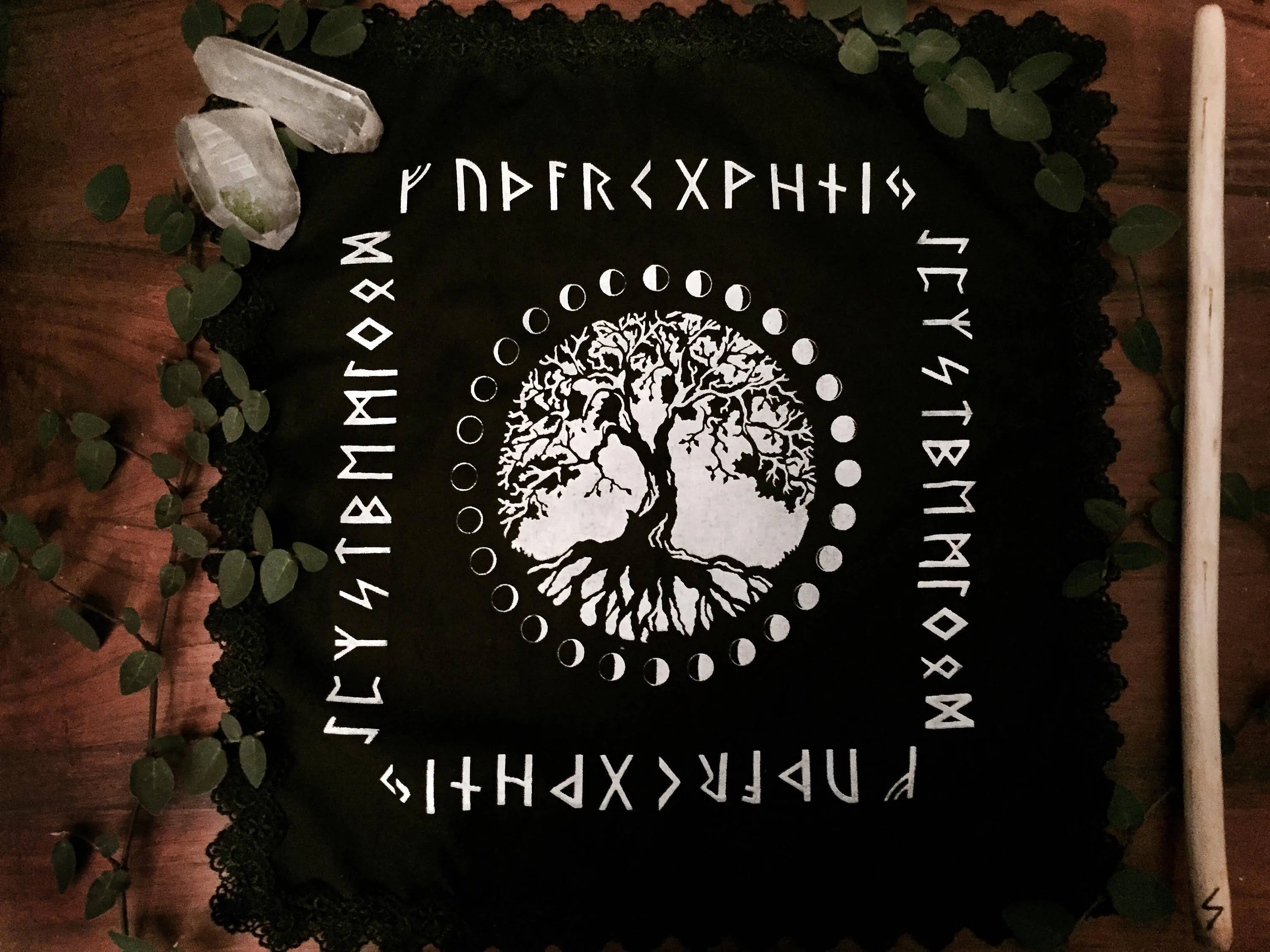 Thorn & Moon Altar Cloth - Norse Yggdrasil - Tree of Life - Elder Futhark - Moon Phases