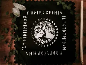 Thorn & Moon Altar Cloth - Norse Yggdrasil - Tree of Life - Elder Futhark - Moon Phases