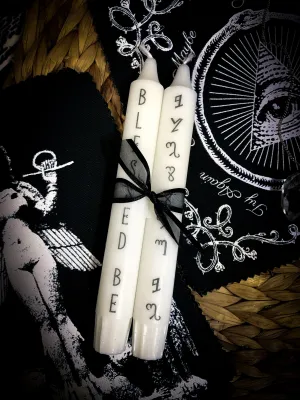 Thorn & Moon Blessed Be Altar Candle Set - Theban Witches’ Alphabet - 8 inch taper candle - Set of Two