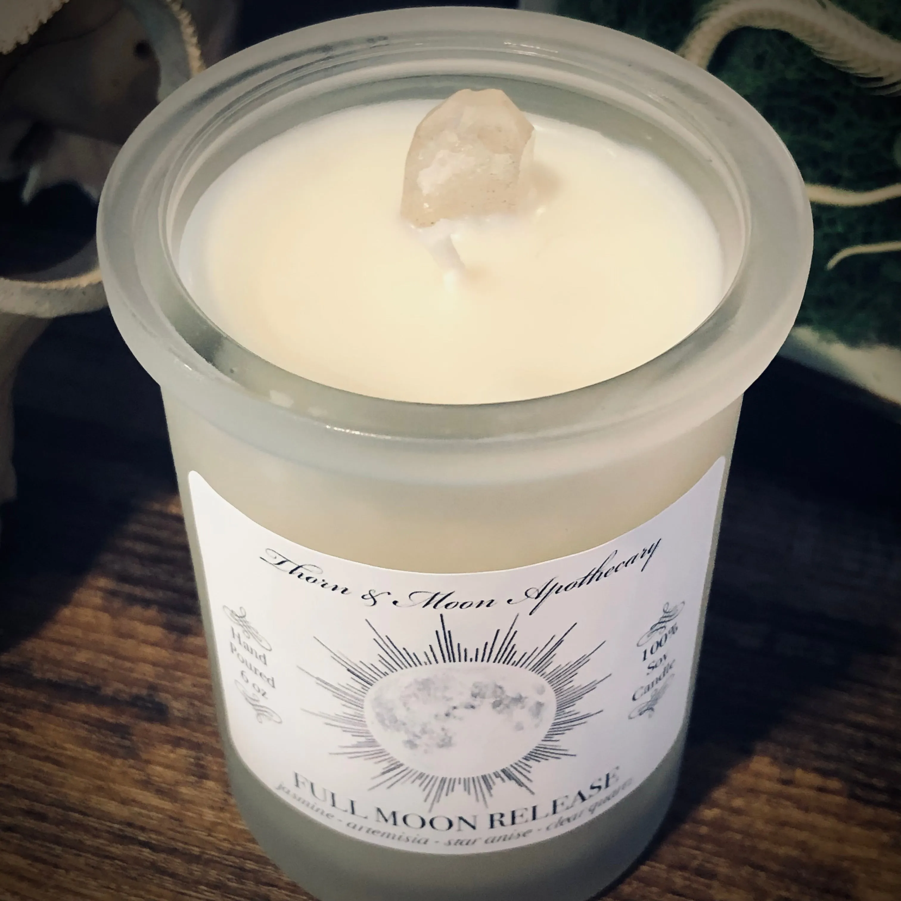 Thorn & Moon FULL MOON RELEASE Candle - Jasmine, Artemisia, Star Anise, Clear Quartz - 100% Soy - Scented Candle - Essential Oil and Fragrance Oil blend