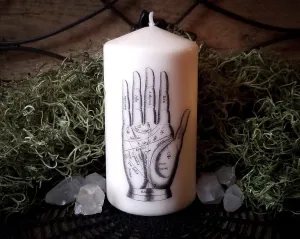 Thorn & Moon Illustrated Candle Palmistry Hand - Fortune Telling - Palm Reading - Decorative 6" Pillar