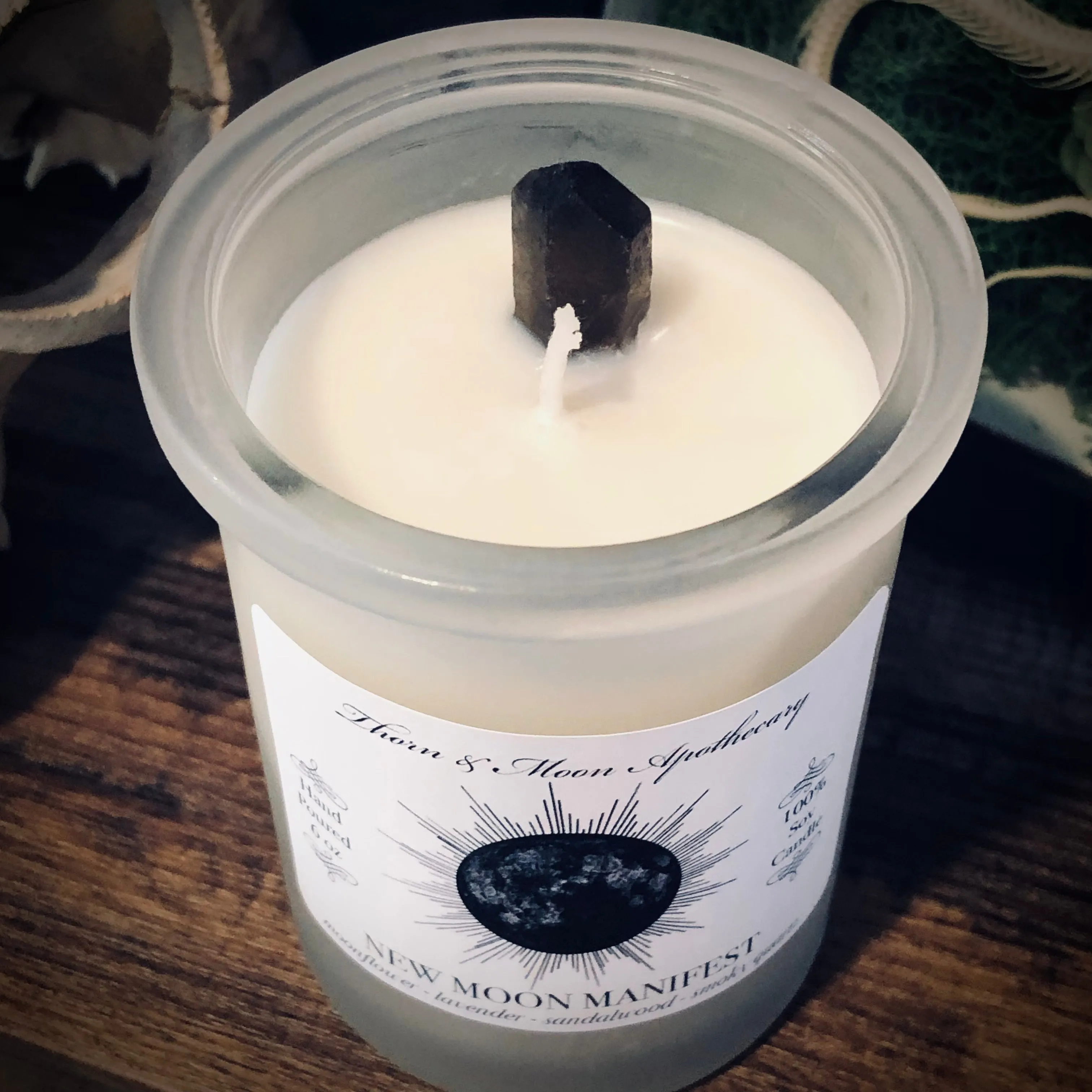 Thorn & Moon NEW MOON MANIFEST Candle - Moonflower, Lavender, Sandalwood, Smoky Quartz - 100% Soy - Scented Candle - Essential Oil and Fragrance Oil blend