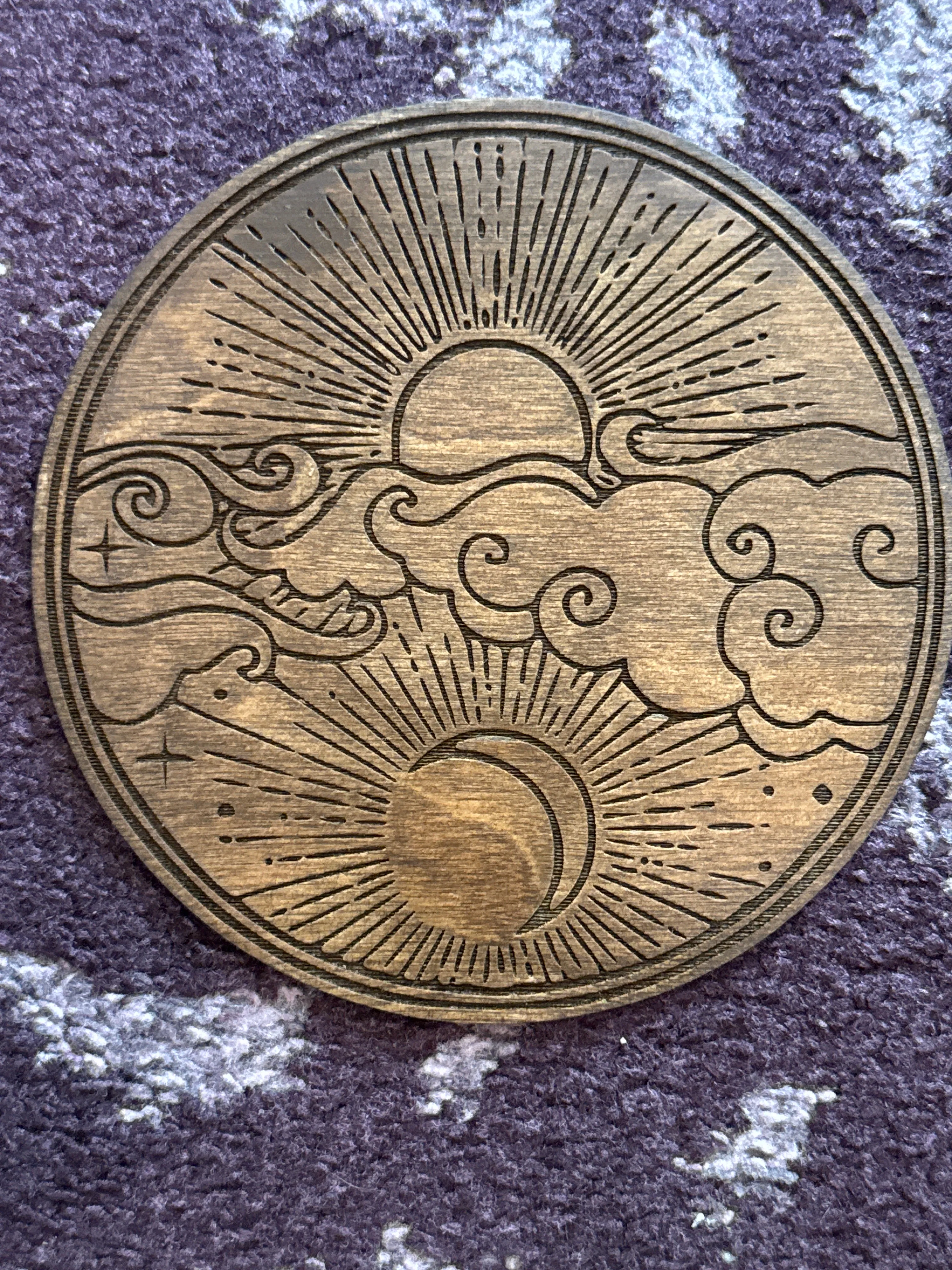 Wooden Engraved Sun & Moon Altar Tile - Celestial