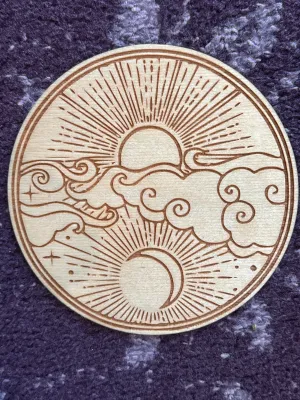 Wooden Engraved Sun & Moon Altar Tile - Celestial