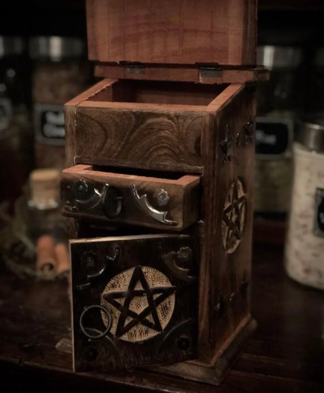 Wooden Pentagram Herb Cabinet - Carved Wooden Chest